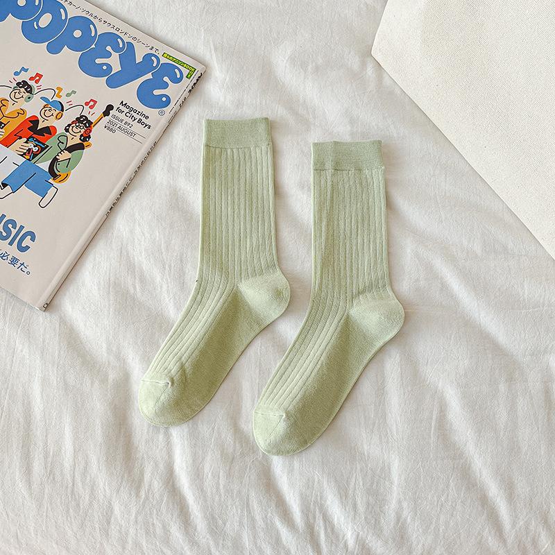 Female Summer Thin Simple Pure Color All Build Vertical Bar Wicking High Tube Cotton Socks