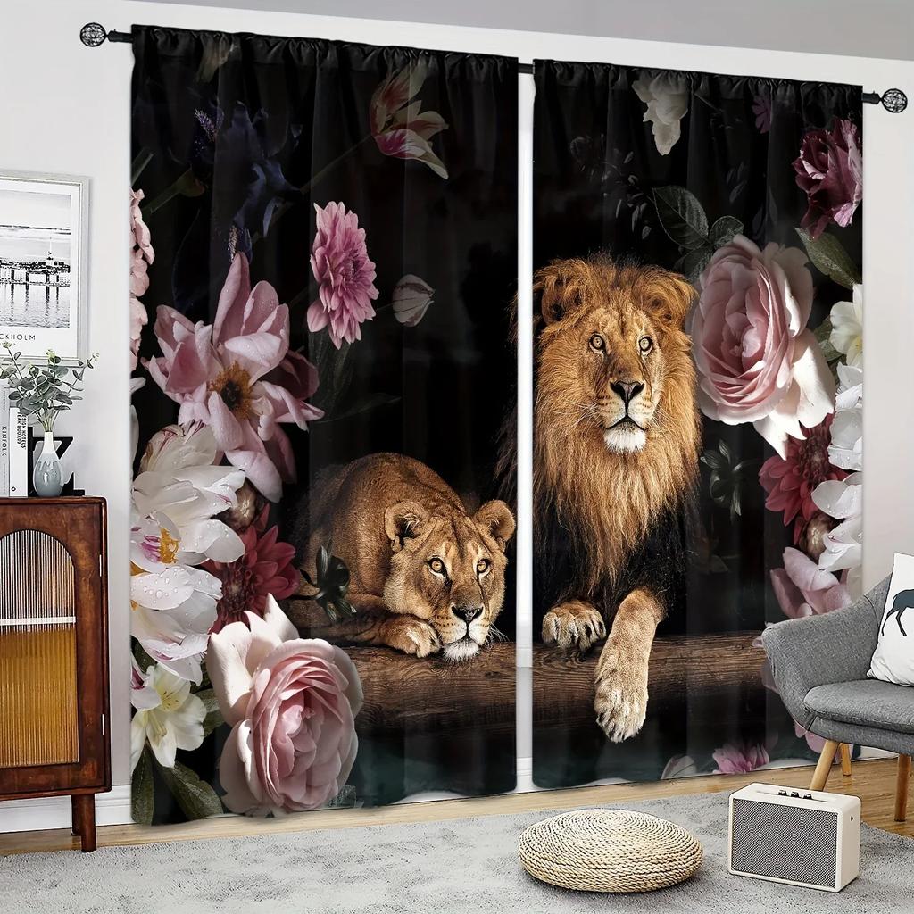 3D Rote Blume Wildtiger Leopard Fenster Vorhänge Jalousien Für Wohnzimmer Kinderzimmer Badezimmer Küche Büro Tür Heimdekor 2St.