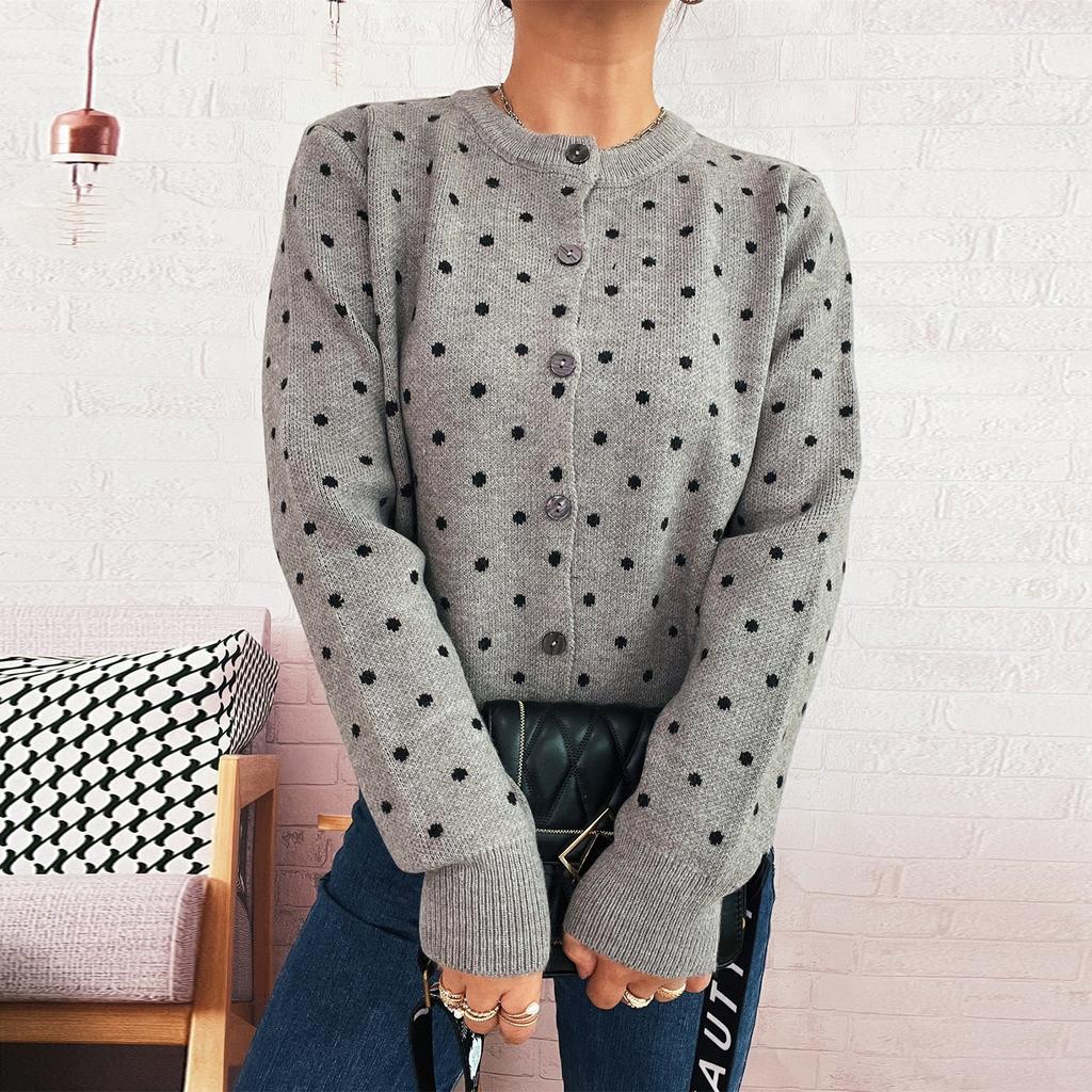 Women's Fashionable Casual Loose And  Polka Dot  Round Neck Long Sleeved Knitted Cardigan Sweater Jacket