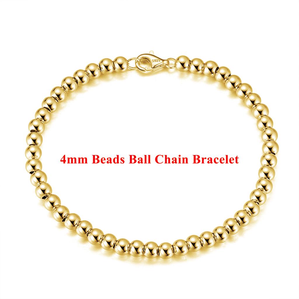 EFFIE QUEEN 100% Prata S925 Ouro 14k Contas de 4mm Pulseira de Corrente de Bolas Joia Simples para Mulheres, Homens Corrente de Mão Presente de Banquete SB103