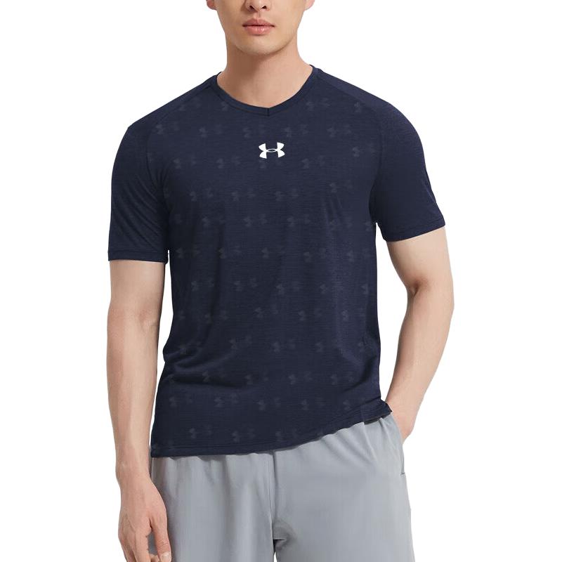 Under Armour Logo Printed Breathable Knitted Short Sleeve T-Shirt Running Training Five-Point Shorts Casual Sports Set 21500531-409+21500231-409