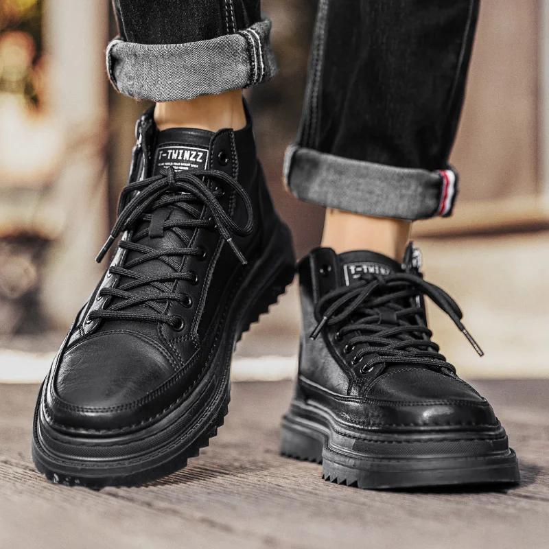 Fashion New Men's High-top Leather Casual Shoes Black Thick-soled Business Shoes for Men Classic Trendy All-match Zipper Mens Sneakers