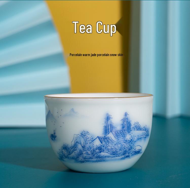 Celadon White Porcelain Tea Set with Gold Landscape: Complete Chinese Gaiwan Teapot and Teacup Set for Kung Fu Tea.