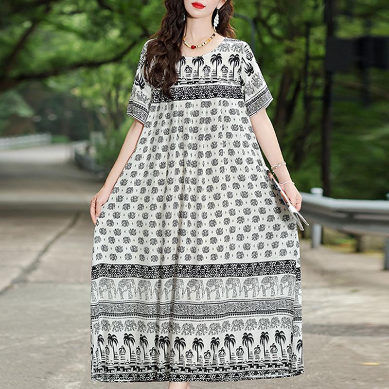Elegant Summer Loose Dress Woman Vintage Clothes Plus Size Casual Short Sleeve Long Dresses