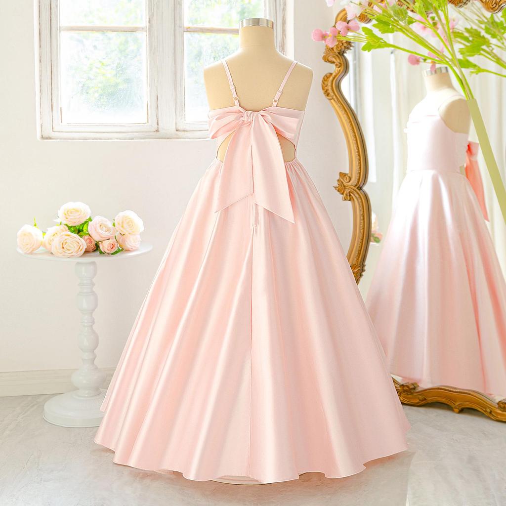 French Satin Girls' Formal Irregular Spaghetti Strap Dress - Elegant Puffy Princess Evening Gown