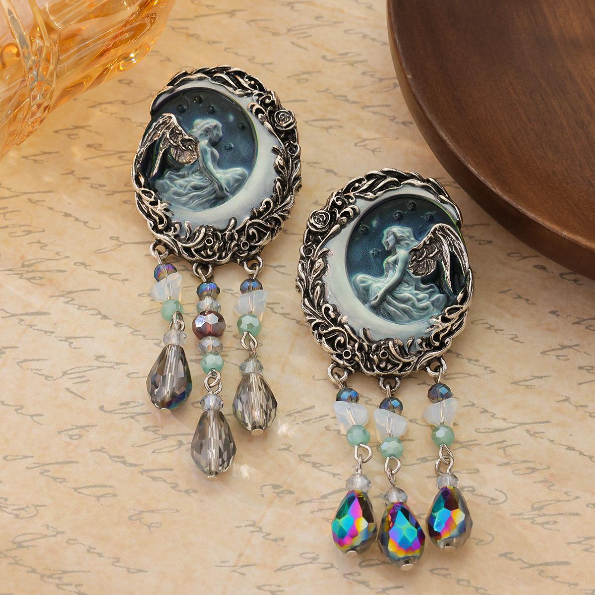 

Средневековые Антикварные Серебряные Ретро Женские Серьги с Силуэтом Ангела, Цветной Кисточкой, Заливкой Маслом