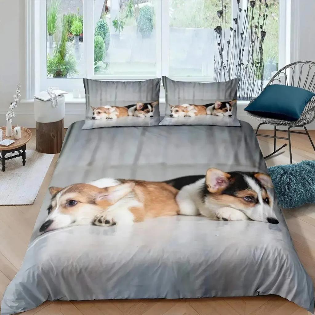 Pug Corgi Shiba Puppy Duvet Cover Set Dog Comforter Cover I Love Dogs Bedding Sets Kawaii Animals Cartoon Bedspreads Full Size