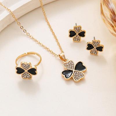 Diamond-Studded Four-Leaf Clover Jewelry Set: Heart-to-Heart Necklace, Ring, Earrings 3-Piece Collection