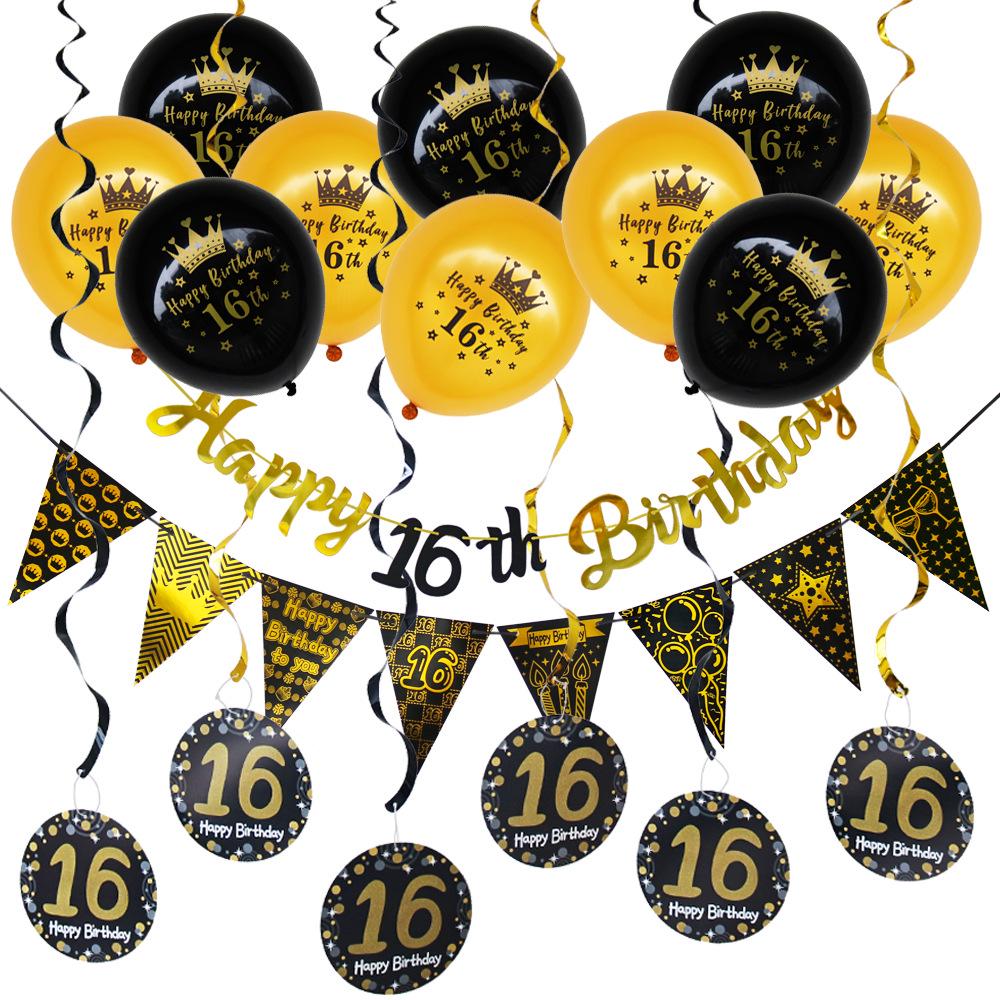 Rose Gold Black 16th Birthday Banner & Balloon Set