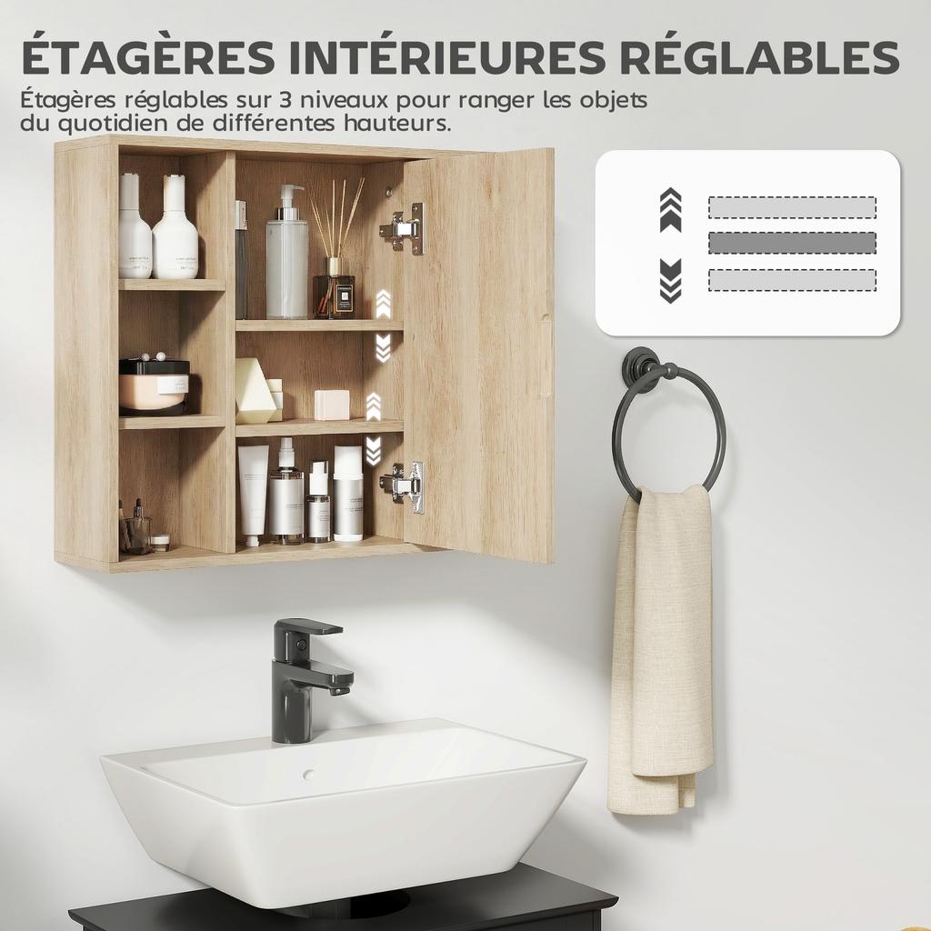 Bathroom Cabinet with Mirror, Doors, 6 Open Compartments, 60 x 14.5 x 49.4 cm, Natural Wood