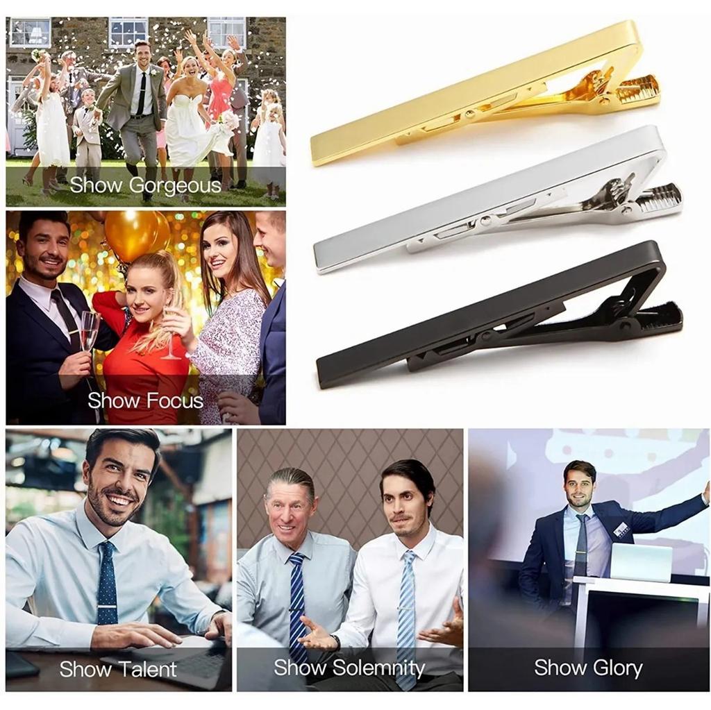 3pcs Tie Clip Set Copper Elegant Fashionable Pinch Clasp Men Necktie Clip Set for Wedding Anniversary Gold Black Silver