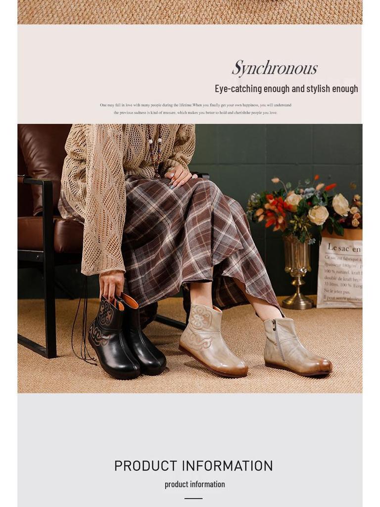 Women's Genuine Leather Ankle Boots - Retro Style, Soft Sole, Comfortable Flat Heel for Autumn/Winter 2025