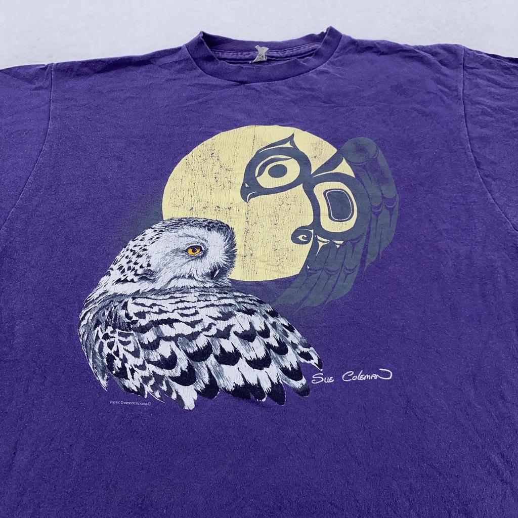 Vintage Owl Moon Native Tribal Art Sue Coleman Shirt Mens Large Nature Bird 90s