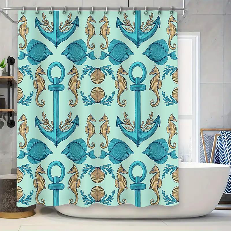 

Nautical Blue Shower Curtain With Sea Life Pattern For Bath Room Decor Home Bathroom Liner Waterproof Fabric Printing W60H190(CM)-1 Pcs