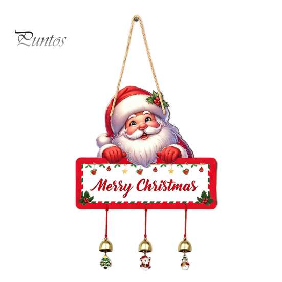 Festive Hanging Ornament Merry Christmas Wooden Wall Door Sign with Bells, Rustic Santa Snowman Indoor Holiday Party Supplies Tree Reindeer Decorative