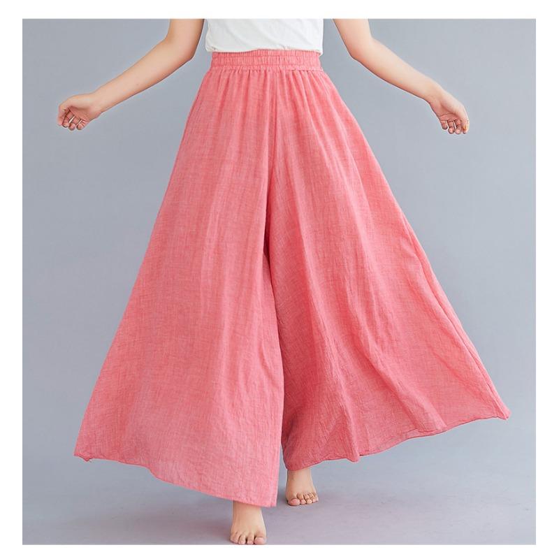 Summer Women's Trousers Artistic Large Size Cotton and Linen Wide-leg Trouser Skirt Linen Skirt Elastic Waist Solid Color Ethnic Style Trouser Skirt