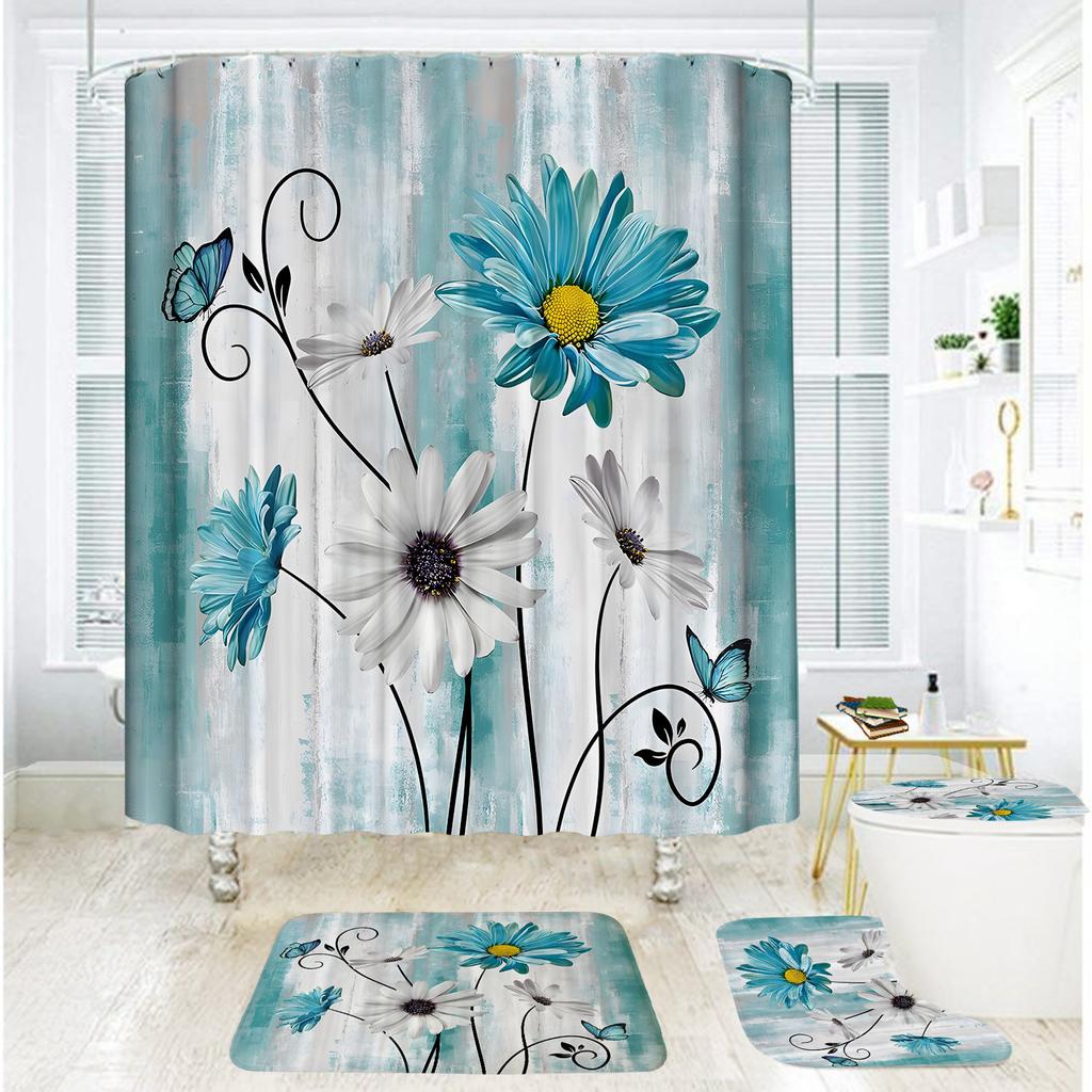 Badezimmer Duschvorhang Vierteilig Digitaldruck Holzmaserung Chrysanthemenpflanze Wasserdichter Duschvorhang Duschvorhang Trennvorhang