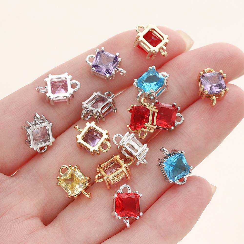 4/6Pcs 14/18K Gold Color Plated Zircon Single Hole Love Heart Double Hole Square Pendants For DIY Jewelry Making Findings