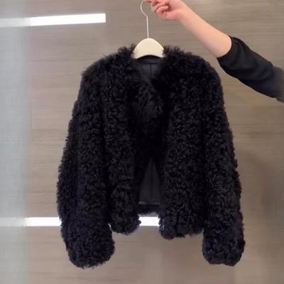 Lammwollmantel Damen Herbst und Winter Schwarz Hochwertig Weich Wachsartig Dick Plüsch Kurzoberteil Damen