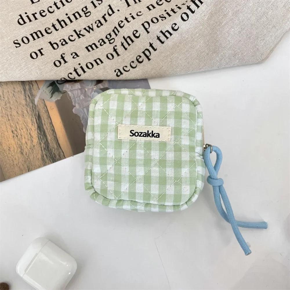 Large Capacity Plaid Bow Print Mini Cosmetic Bag Candy Color Makeup Sanitary Napkin Storage Cotton Cloth Small Item Bag