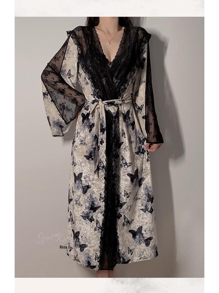 Rose-Inspired Velvet Pajamas Set with Chest Pads - Sexy Nightgown and Robe