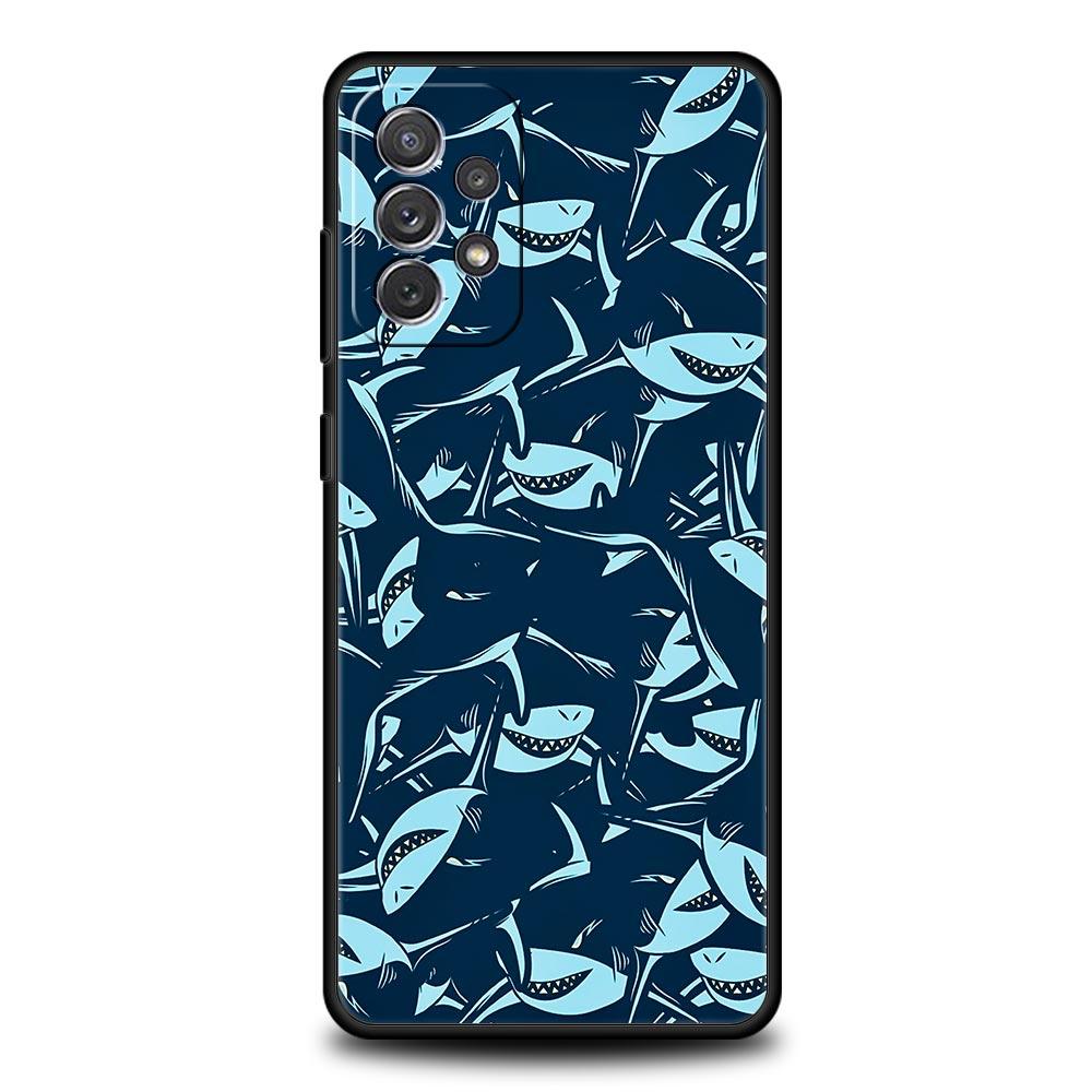 Seaside Sharks Pattern Phone Case for Samsung Galaxy A55 A35 A15 A14 A13 A25 A54 A51 A71 A72 A73 A32 A52 A41 5G Soft TPU Shell