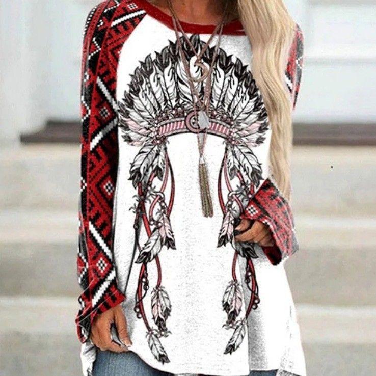 Round Neck 3D Ethnic Style Printed Top Fashionable Casual Long Sleeved Women's T-shirts
