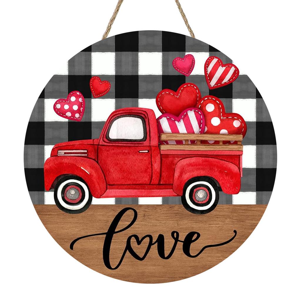 Valentines Day Wooden Door Signs Red Truck Hearts Wood Door Hanger for Front Door Farmhouse Home Party