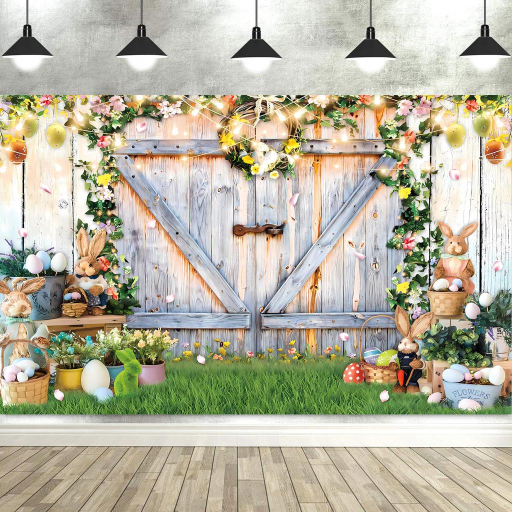 Spring Easter Photography Backdrop Garden Bunny Colorful Eggs Floral Grass Flower Stand Background Rabbit Flag Photo Tapestry