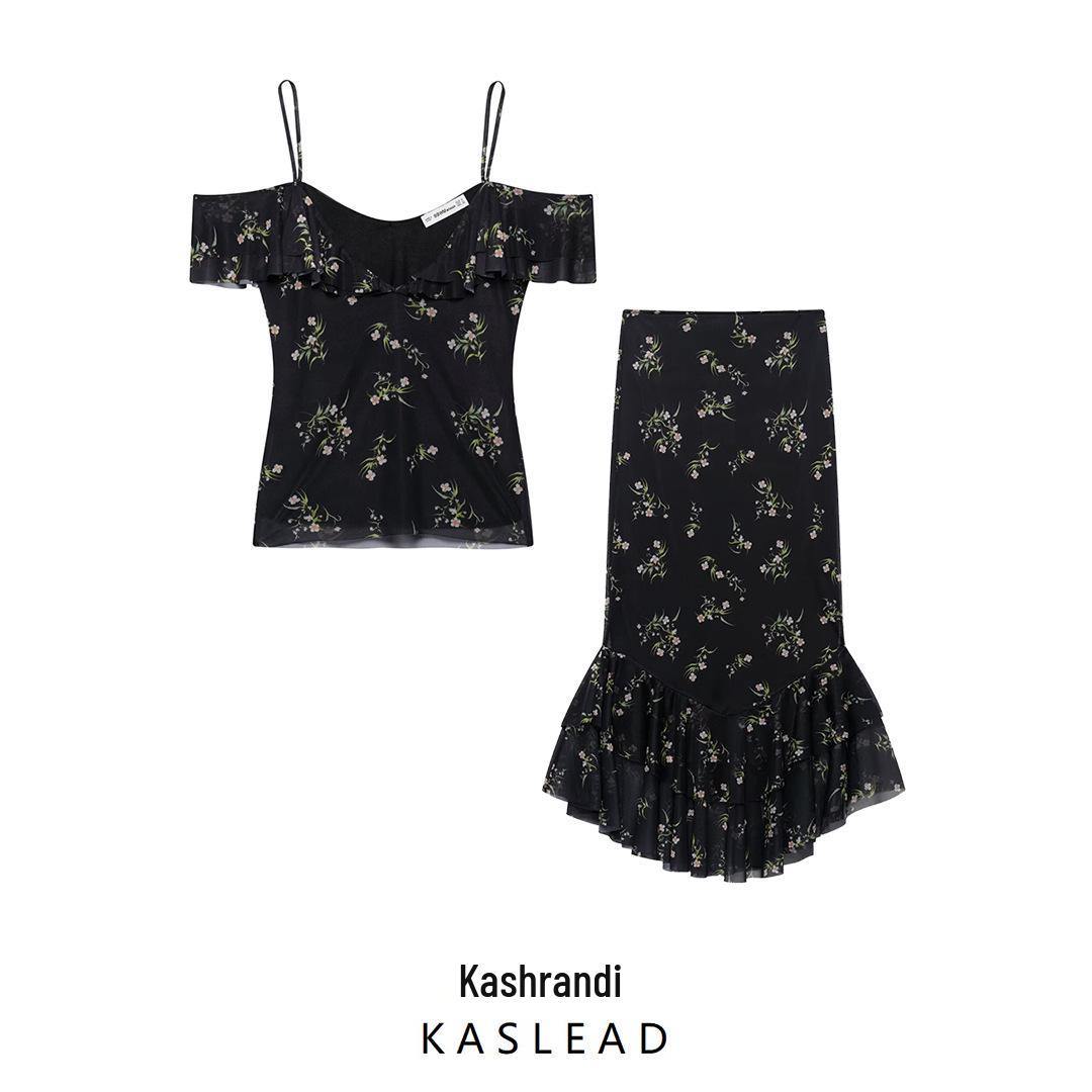 

2025 Spring Women s European & American Fashion Silk Print Top and Skirt Set M