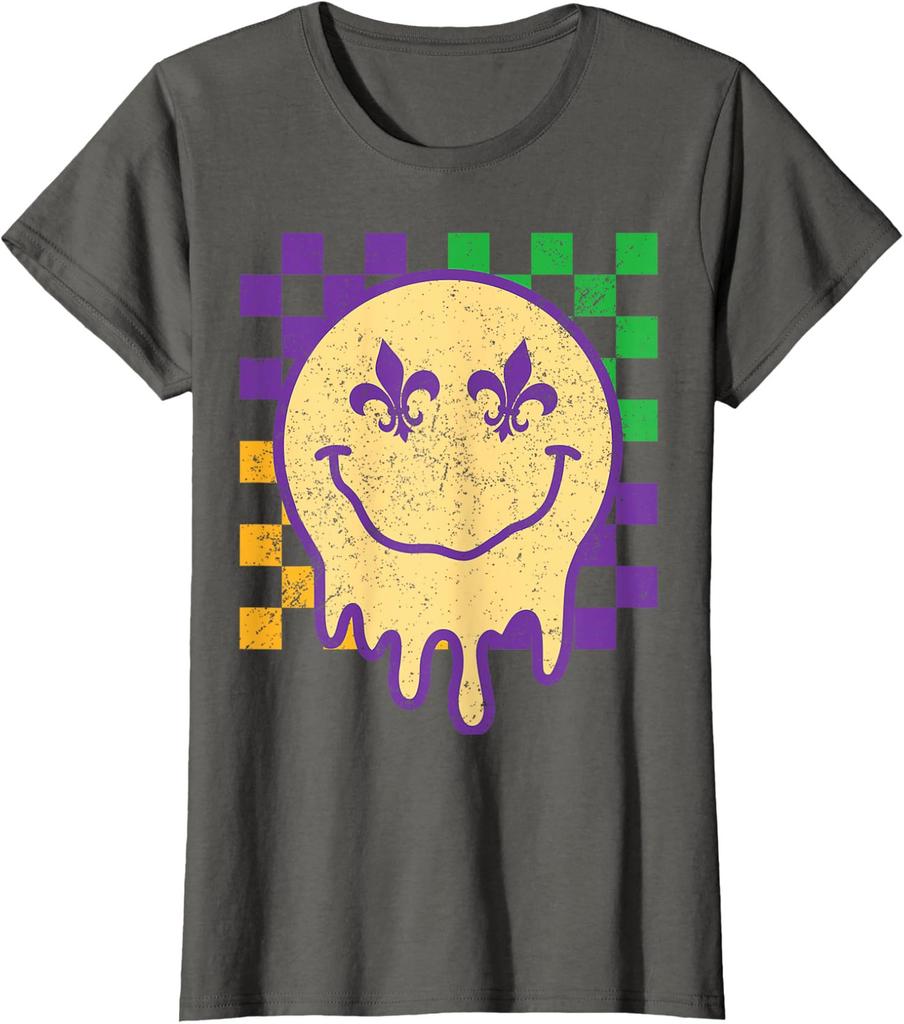 Mardi Gras Retro Dripping Smile Face Carnival Happy Ladies' Crewneck T-Shirt