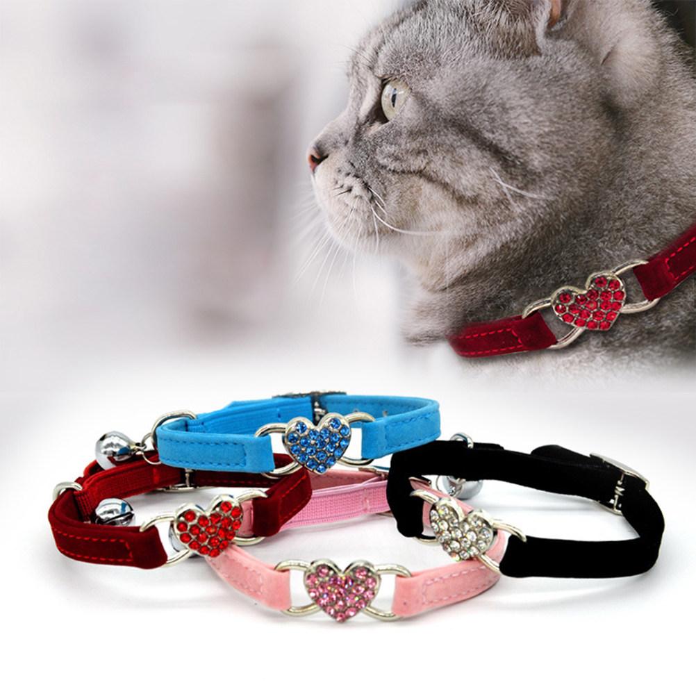 1Pcs Adjustable Cat Collar Heart with Rhinestone Bell Blue for Outdoor Home Sport Travel Pet Kitten Cat Collar