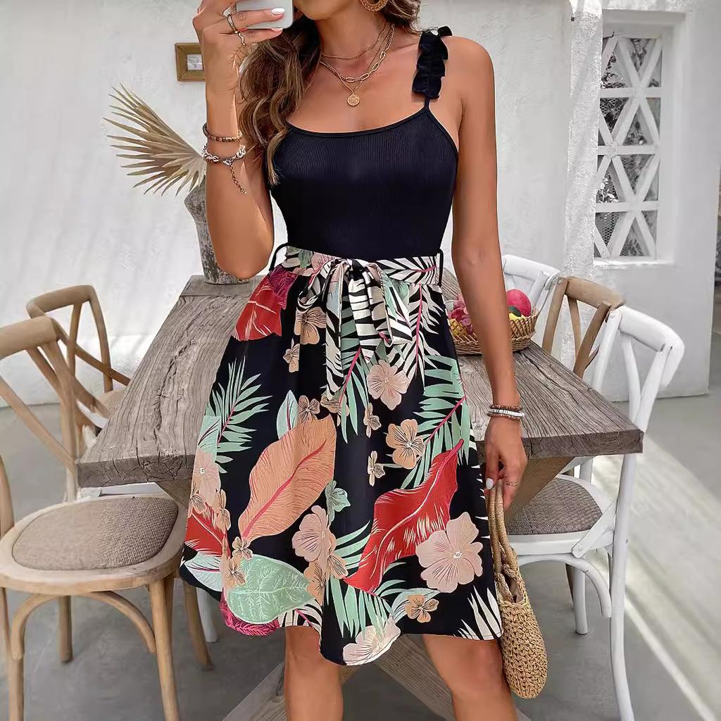 Dámské letní ležérní bez rukávů s barevným potiskem listů, délka ke kolenům, áčkový střih