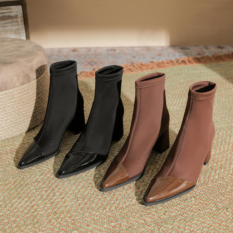 H768-7 retro Internet celebrity autumn and winter fashion boots pointed thick heel medium tube short boots color matching fashion light luxury short b