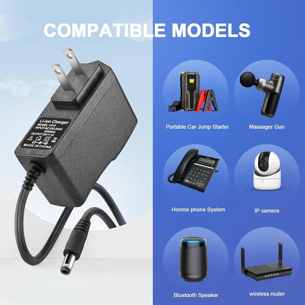 15V 1A~1.5A Adapter Charger Charging Cable Cord For Peak 450A 500A 600A 800A 1000A Auto Battery Booster Jump Starter, Compatible