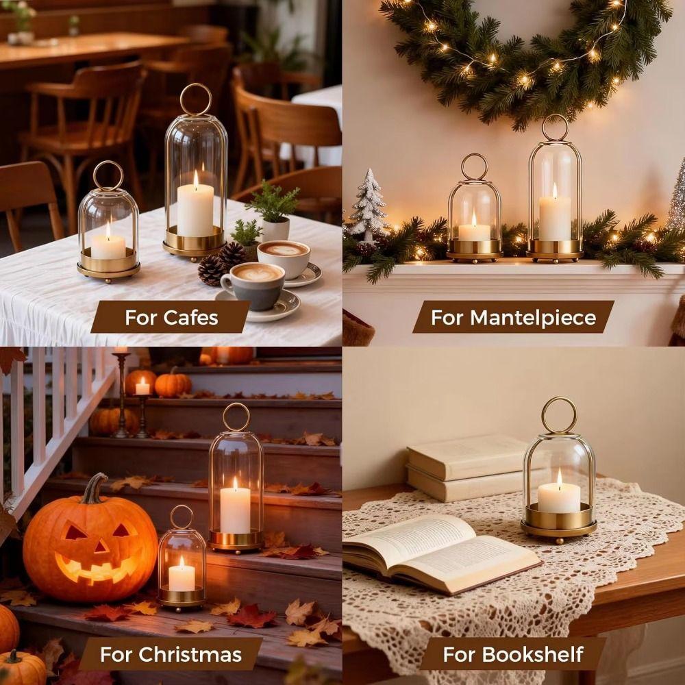 Vintage Brass Metal Candle Holder Set Glass Dome Table Candlelight Ornaments Hanging Decor