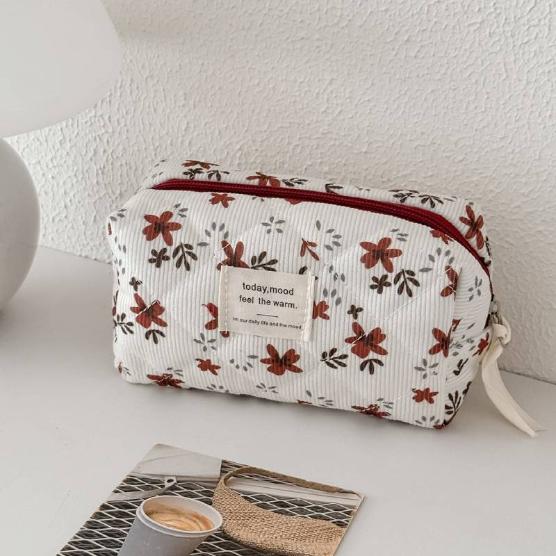 Corduroy Floral Makeup Bag With Large Capacity For Daily Travel And Storage