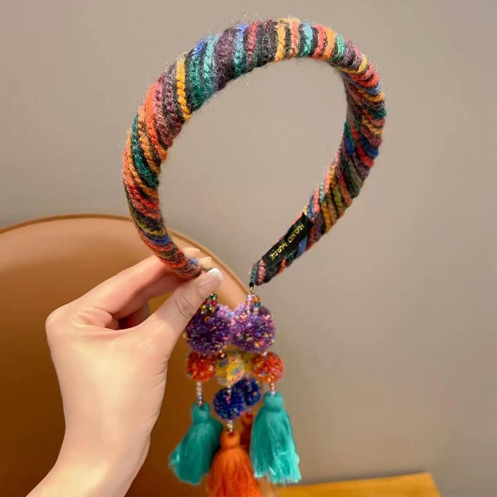 2025 New Style Colorful Braided Plush Headband for Girls - Wide-Edge Ethnic Hair Accessory