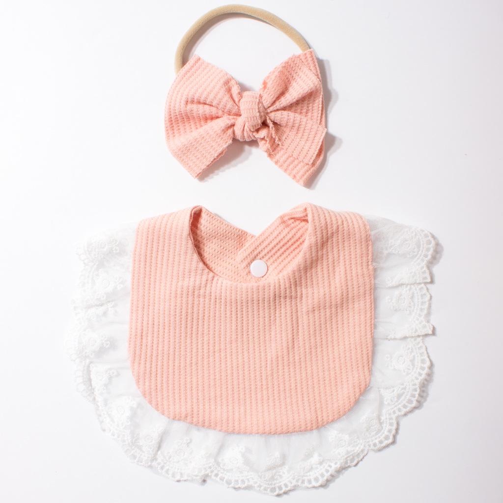 

European Baby Bib & Bow Hairband Set - Pure Cotton Lace Trim рожевий