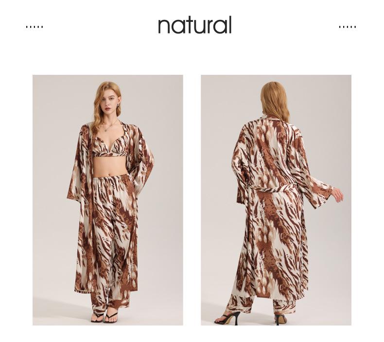 Women's Zebra Print Satin Pajama Set - Summer Robe & Long Pants, 3-Piece