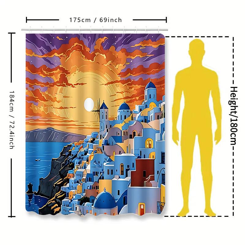 Colorful Sunset View of Mediterranean Coastal Town - Artistic Shower Curtain for Home Decor Waterproof  Durable  Non Transparent