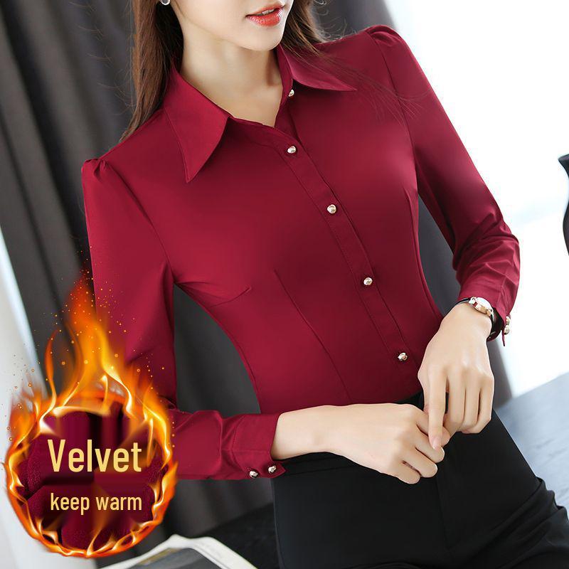 

Women s Fleece-Lined Long-Sleeve Slim-Fit Shirt - Korean Style for Autumn/Winter 2025, Plus Size, Thick and Warm Professional Wear S