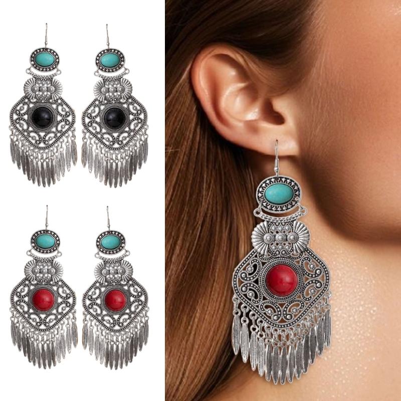 Artisanal Tribal Styles Drop Earrings With Natural Stone Accent Sturdy Alloy Retro Fringe Designs