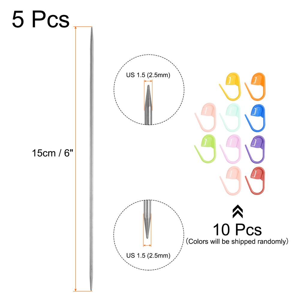 5Pcs Knitting Needle Size US 1.2-5mm Length Stainless Steel Double Pointed Sweater Stitching Needles w 10 Colorful Stitch Marker