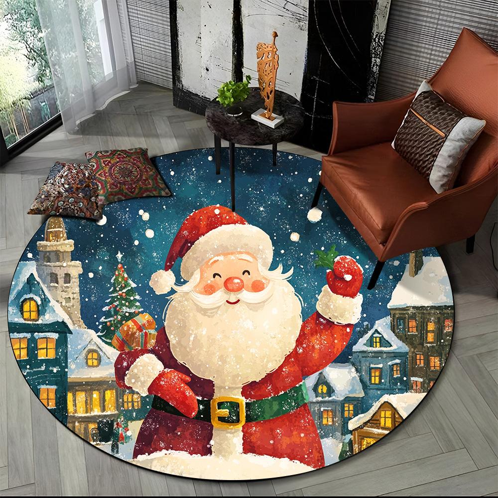 Merry Christmas Cartoon Santa Claus Snowman New Year Round Carpet Rug for Bedroom Living Room Sofa Decoration,Decor Floor Mat