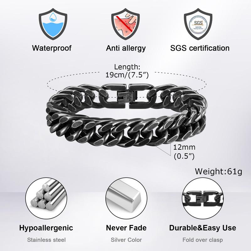 Vnox 8mm/12mm Bold Heavy Stainless Steel Cuban Bracelets for Men Boys,Oxidized Metal Wristband,Punk Rock Chain Bracelet Jewelry