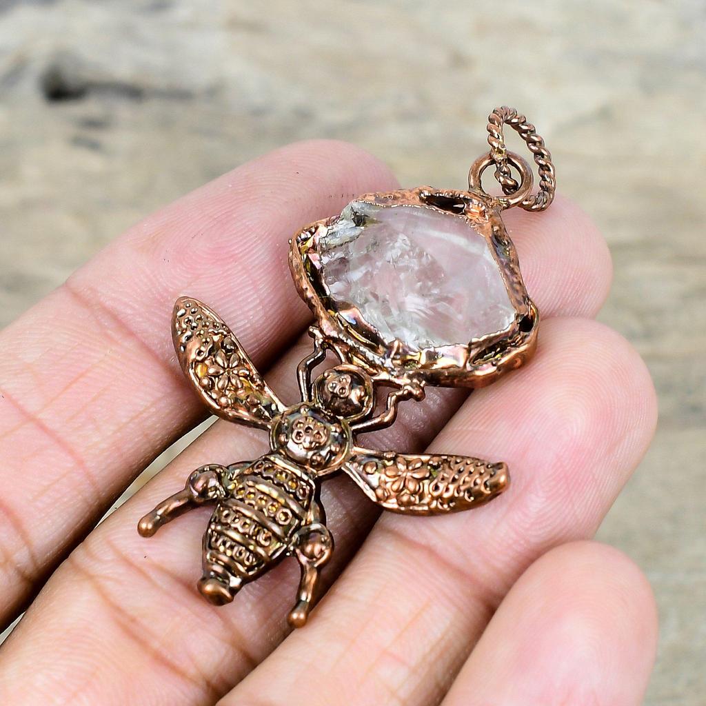 White topaz rough pendant electroformed copper pendant gemstone jewelry honey bee pendant handmade jewelry gifts for mother designer pendant