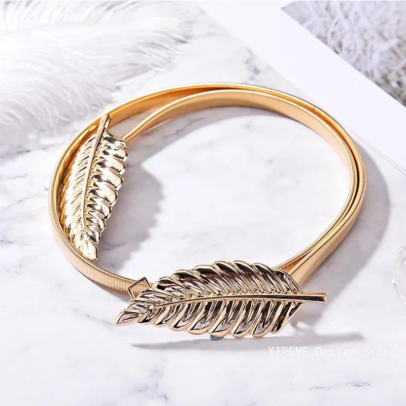 

Gold Silver Leaf Metal Women s Belt Spring Gold Leaf Belt Elastic Waist Seal Women s Dress Waist Chain