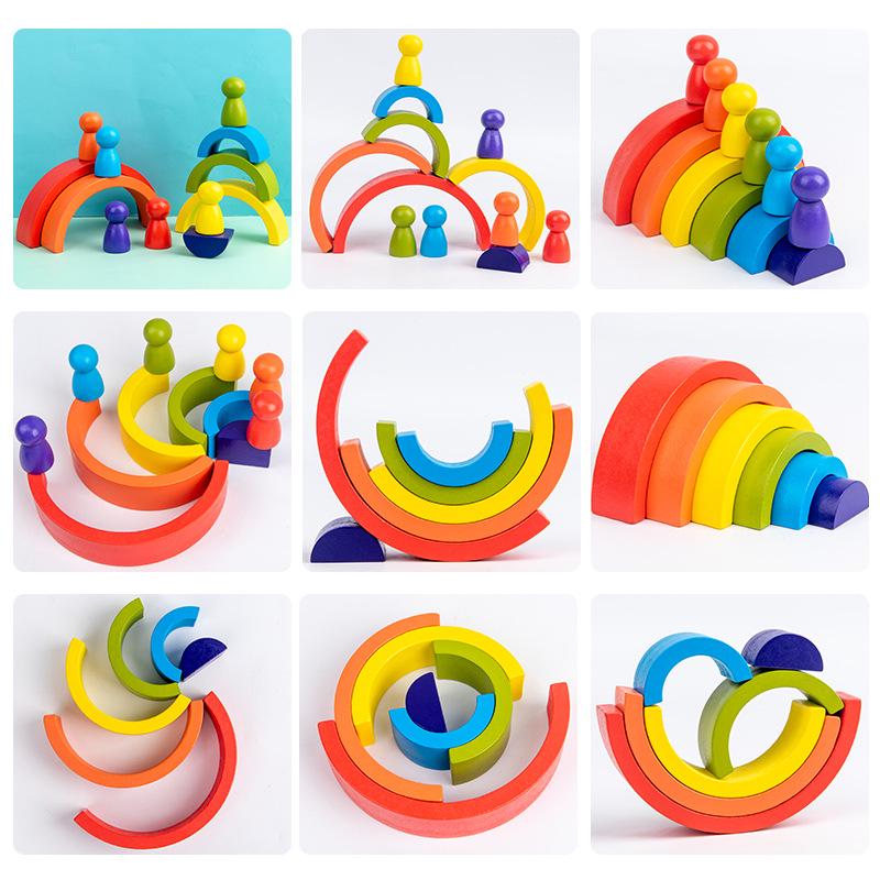 Wooden Rainbow House Block Set for Kids - Early Education Stacking Toy