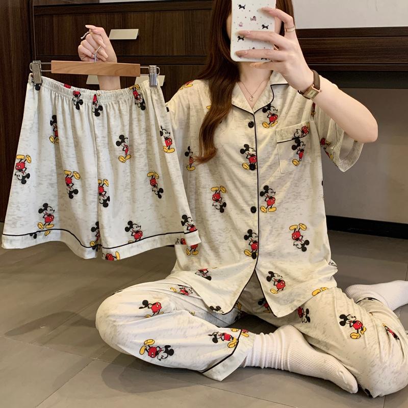 Three-Piece Pajamas Women'S Summer Short-Sleeved Shorts Cartoon Mickey Smudged Loungewear Can Be Worn Outside